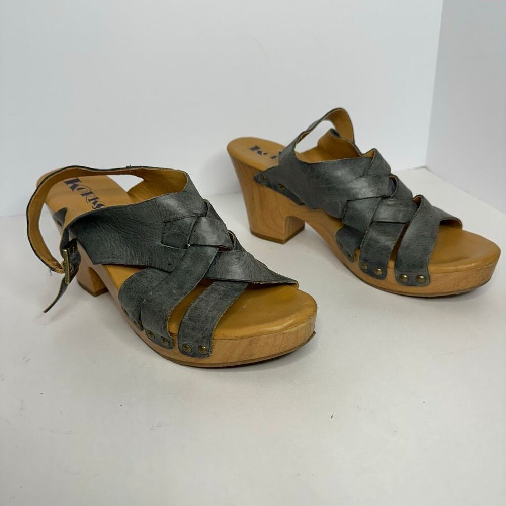 Korks Berengo Wood Heel Sandals Blue Leather | Women Size 10 - Picture 13 of 14